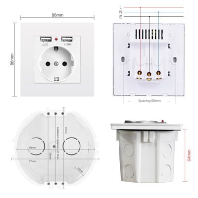 SRAN EU power socket socket with usb charging port 2 1A 16A white PC Panel 86mm 5
