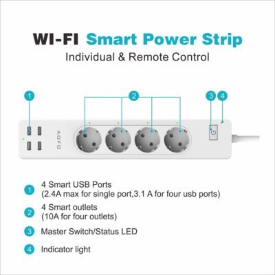 Wifi Smart Power Strip 4 EU Outlets Plug with 4 USBCharging Port Timing App Voice Control 1